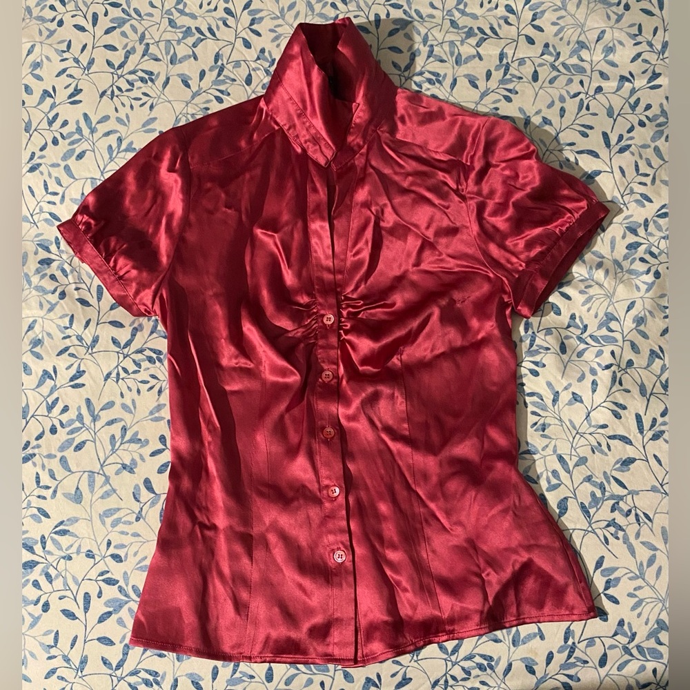 The Limited Satin Collared Button Short Sleeve Blouse